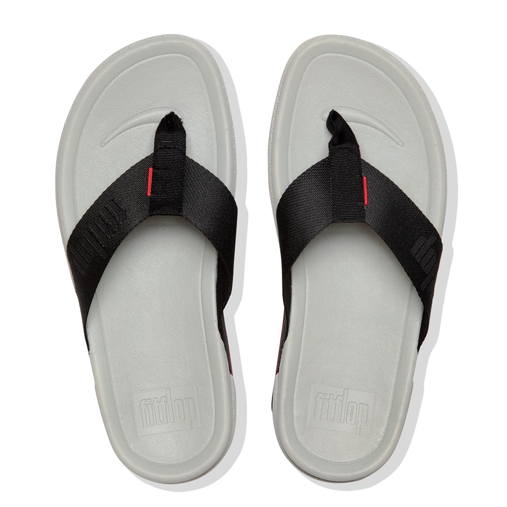 Fitflop Mens Sandals Black/Grey - Surfer Woven Logo Toe-post - 82ZSWADQT